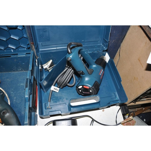 1107 - SEVEN POWER TOOLS INCLUDING AN AEG HAMMER DRILL 240v, Makita HG5012 Heat gun, a Bosch GSB20-2RE hamm... 