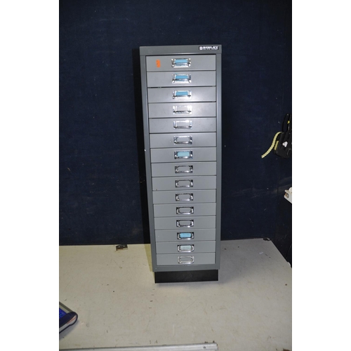 1113 - A BISLEY FIFTEEN DRAWER FILE CABINET in grey width 28cm x depth 44cm x height 94cm