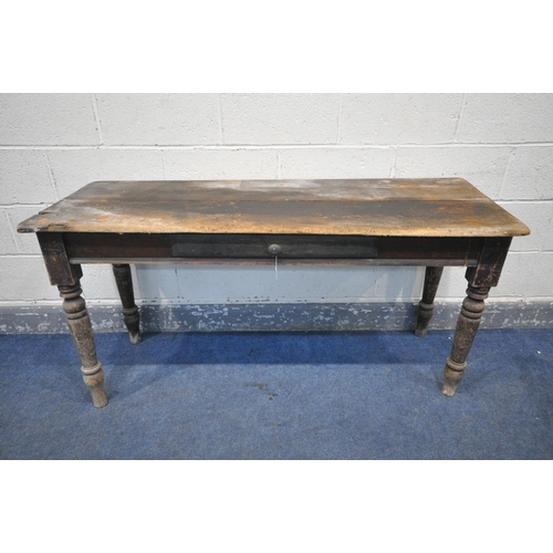 1219 - A VICTORIAN PINE SIDE TABLE, with a single drawer, on turned legs, length 148cm x depth 55cm x heigh... 