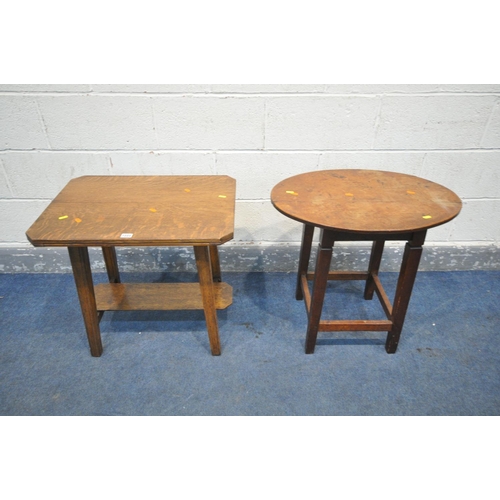 1223 - TWO ARTS AND CRAFTS OAK SIDE TABLES, to include rectangular table with canted corner, length 63cm x ... 