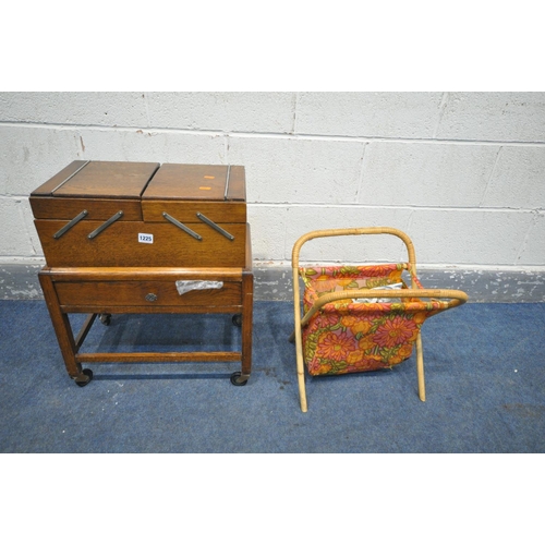 1225 - A 20TH CENTURY OAK CANTILEVER SEWING BOX, with a single drawer, with contents width 50cm x depth 31c... 