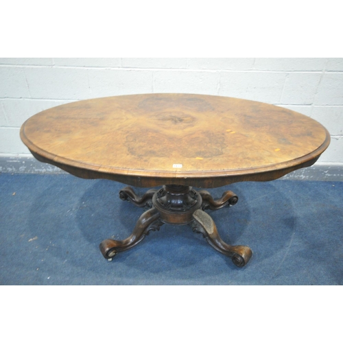 1231 - A VICTORIAN BURR WALNUT BREAKFAST TABLE, on a scrolled base, length 147cm x depth 106cm x height 72c... 