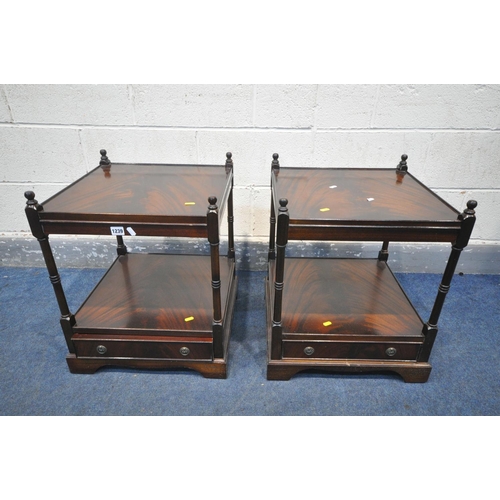 1239 - A PAIR OF MAHOGANY TWO TIER SIDE TABLES, with a single drawer, 46cm squared x height 58cm (condition... 