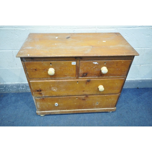 1242 - A 19TH CENTURY AND LATER PINE CHEST OF TWO SHORT OVER TWO LONG DRAWERS, width 92cm x depth 47cm x he... 