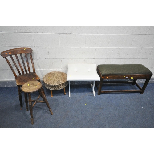 1254 - A 20TH CENTURY OAK DUET PIANO STOOL, with contents, possibly an Austin suite dressing stool, a circu... 