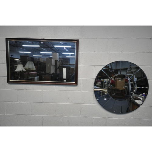 1267 - A MODERN CIRCULAR SUNBURST WALL MIRROR, diameter 90cm, and a rectangular wall mirror (2)