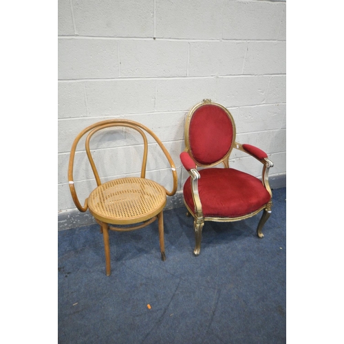 1276 - A FRENCH GILT ELBOW CHAIR, with an oval back and open armrests, along with a Bentwood beech armchair... 