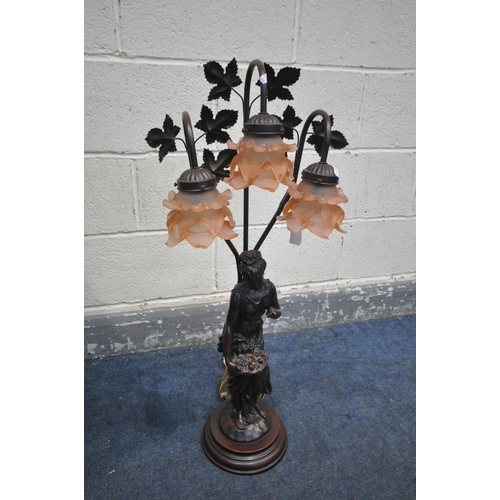 1277 - A ART NOUVEAU STYLE RESIN TRIPLE BRANCH FIGURAL TABLE LAMP, of a scantily clad lady with a fruit bas... 