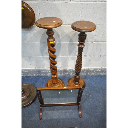 1278 - AN OAK OPEN BARLEY TWIST JARDINIERE STAND, height 97cm, another jardinière stand, a standard lamp wi... 