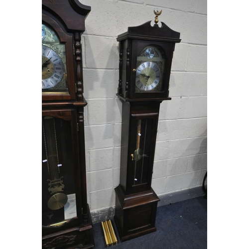 1279 - A SLIM MAHOGANY LONGCASE CLOCK, with a brass and silvered dial, and Tempus Fugit to arch, height 188... 