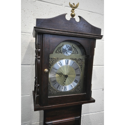 1279 - A SLIM MAHOGANY LONGCASE CLOCK, with a brass and silvered dial, and Tempus Fugit to arch, height 188... 