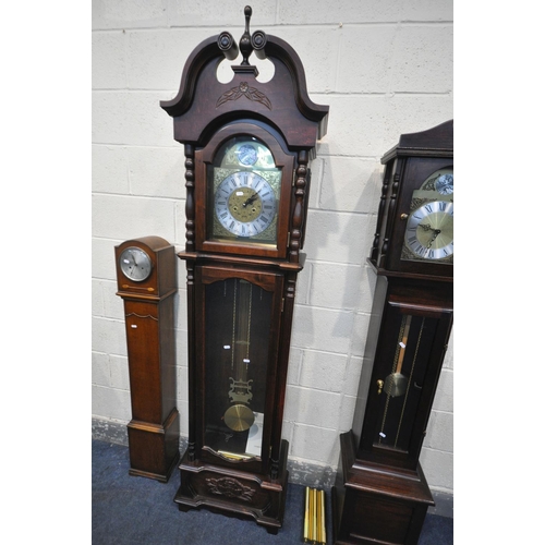 1279 - A SLIM MAHOGANY LONGCASE CLOCK, with a brass and silvered dial, and Tempus Fugit to arch, height 188... 