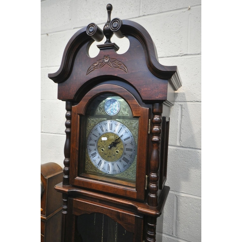 1279 - A SLIM MAHOGANY LONGCASE CLOCK, with a brass and silvered dial, and Tempus Fugit to arch, height 188... 