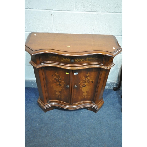 1280 - A MAHOGANY MARQUERTY SERPENTINE SIDE CABINET, with single drawer above two cupboard doors, width 96c... 