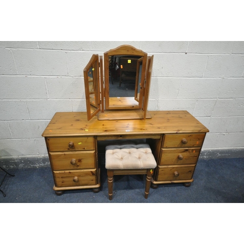 1285 - A PINE DRESSING TABLE, with two banks of three drawers, length 144cm x depth 48cm x height 73cm, alo... 