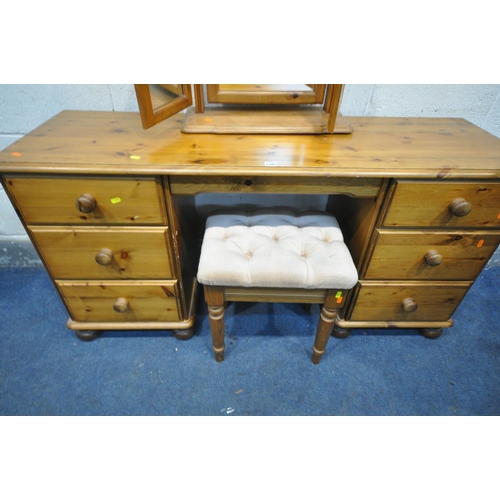 1285 - A PINE DRESSING TABLE, with two banks of three drawers, length 144cm x depth 48cm x height 73cm, alo... 