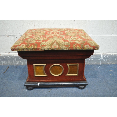 1298 - A VICTORIAN FABRIC OTTOMAN STOOL, with gilt panel to perimeter, on flat bun feet, width 62cm x depth... 