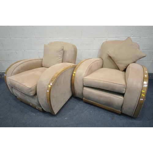 1302 - A PAIR OF ART DECO WALNUT FRAMED AND BIEGE UPHOLSTERED ARMCHAIRS, with rounded armrests, width 90cm ... 