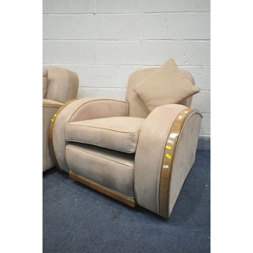 1302 - A PAIR OF ART DECO WALNUT FRAMED AND BIEGE UPHOLSTERED ARMCHAIRS, with rounded armrests, width 90cm ... 