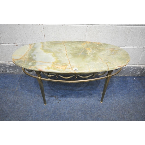 1303 - A FRENCH ONYX AND BRASS OVAL COFFEE TABLE, length 102cm x depth 56cm x height 47cm (good condition)