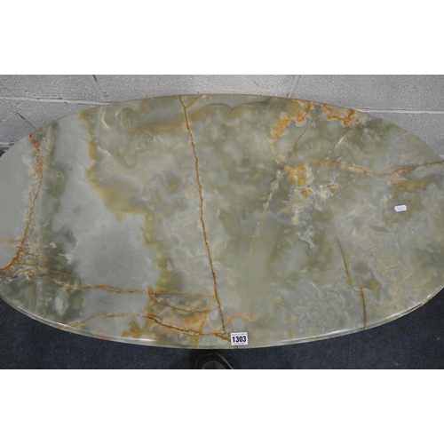 1303 - A FRENCH ONYX AND BRASS OVAL COFFEE TABLE, length 102cm x depth 56cm x height 47cm (good condition)