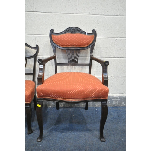 1309 - AN EDWARDIAN MAHOGANY ELBOW CHAIR, with open armrests, and a matching chair (condition:-good conditi... 