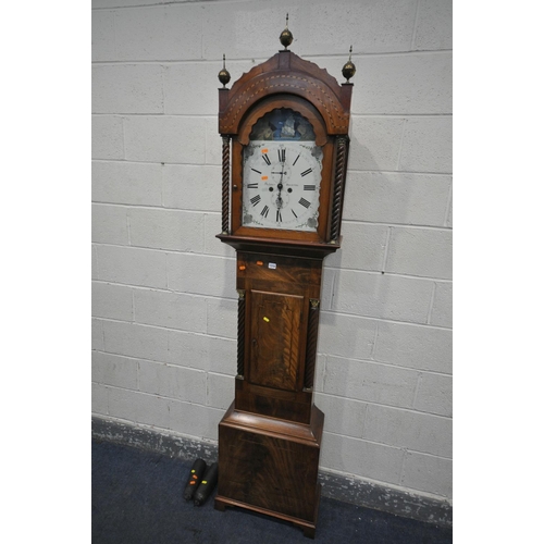 1310 - A GEORGE III MAHOGANY EIGHT DAY LONGCASE CLOCK, the hood with triple brass finials, barley twist Cor... 