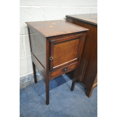 1312 - A GEORGIAN MAHOGANY TWO DOOR CUPBOARD, with two drawers, on bracket feet, width 59cm x depth 53cm x ... 