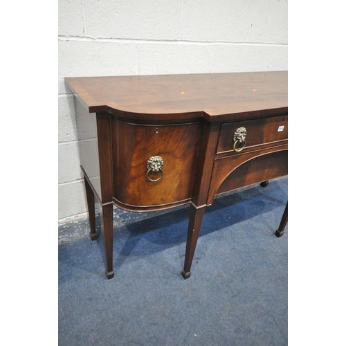 1314 - A GEORGIAN STYLE MAHOGANY SIDEBOARD, with double cupboard doors that's flanking two drawers, on squa... 