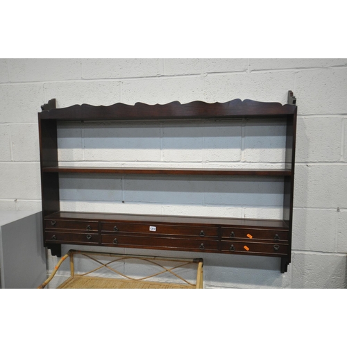 1317 - A MAHOGANY WALL SHELF, width 128cm x height 93cm, along with a bamboo bookcase, a pine hanging cabin... 