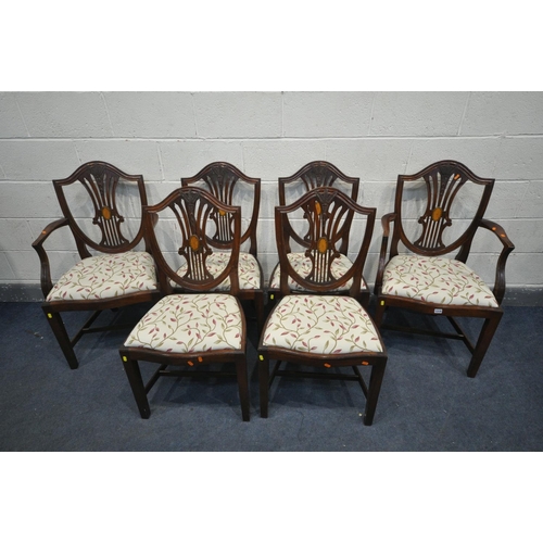 1319 - A SET OF EIGHT MAHOGANY HEPPLEWHITE STYLE CHAIRS, with a central fan inlay, and floral drop in seat ... 