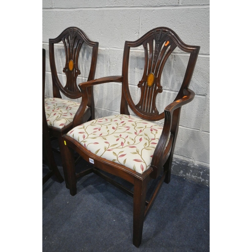 1319 - A SET OF EIGHT MAHOGANY HEPPLEWHITE STYLE CHAIRS, with a central fan inlay, and floral drop in seat ... 