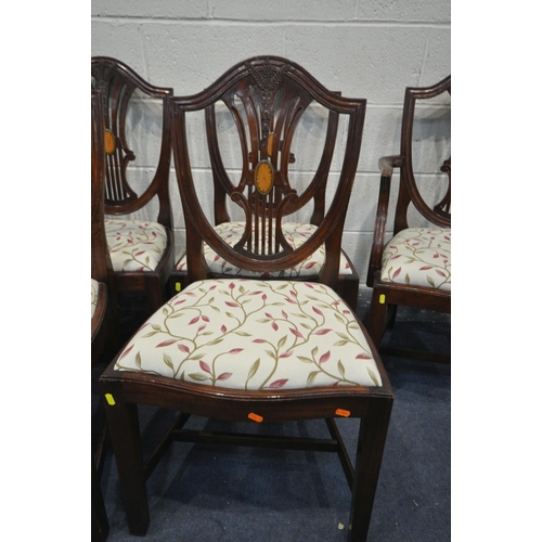 1319 - A SET OF EIGHT MAHOGANY HEPPLEWHITE STYLE CHAIRS, with a central fan inlay, and floral drop in seat ... 