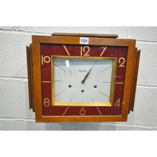 1321 - AN ART DECO WALNUT WALL CLOCK, labelled Vedette to the face, width 46cm x depth 17cm x height 35cm (... 