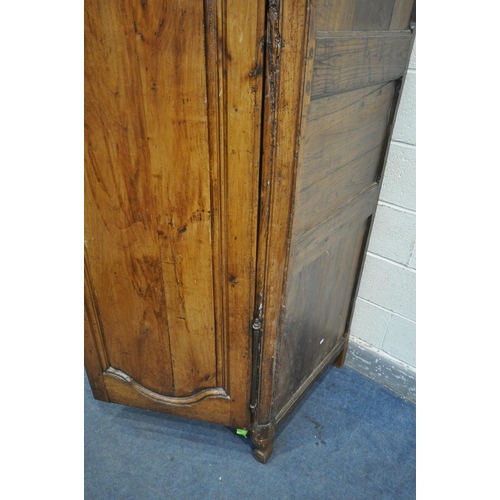 1323 - AN ANTIQUE FRUITWOOD SINGLE DOOR ARMOIRE, with an overhanging cornice, width 89cm x depth 76cm x hei... 