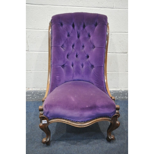 1326 - A VICTORIAN PURPLE UPHOLSTERED BUTTON BACK CHAIR, with a walnut frame, on front cabriole legs and br... 