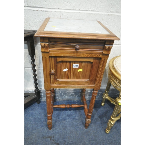 1327 - A FRENCH PINE POT CUPBOARD, with a marble insert, single drawer above a single door, width 38cm x de... 