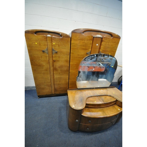 1341 - AN ART DECO BEAUTILITY WALNUT THREE PIECE BEDROOM SUITE, comprising of two sized double wardrobes an... 