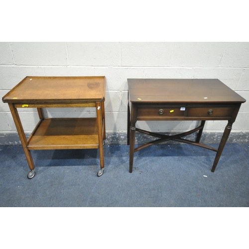 1347 - A 20TH CENTURY OAK DRINKS TROLLEY, with a fold over top that encloses a playing surface, open length... 