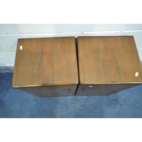 1349 - A PAIR OF WALNUT SINGLE DOOR BEDSIDE CABINETS, enclosing a single drawer and shelf, width 38cm x dep... 