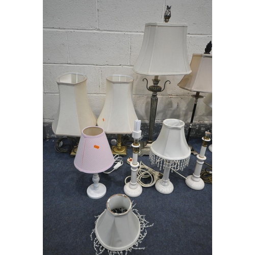 1358 - A SELECTION OF TABLE LAMPS, of various styles and materials, including a few Laura Ashley lamps, and... 