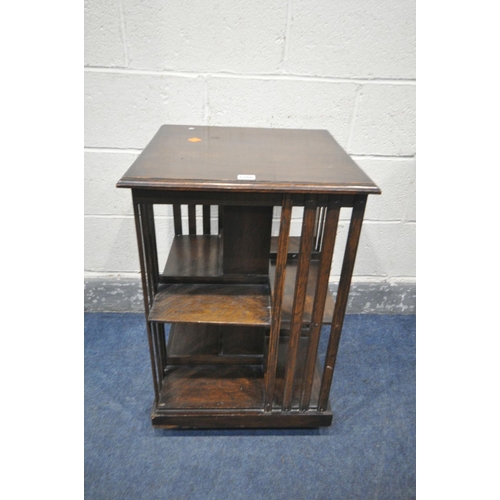 1366 - A 20TH CENTURY OAK TWO TIER REVOLVING BOOKCASE, 48cm x height 72cm, and an oak corner cupboard (cond... 