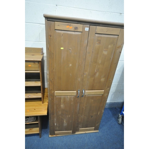 1371 - A PINE TWO DOOR CUPBOARD, width 80cm x depth 52cm x height 160cm, a pine coffee table with three wic... 