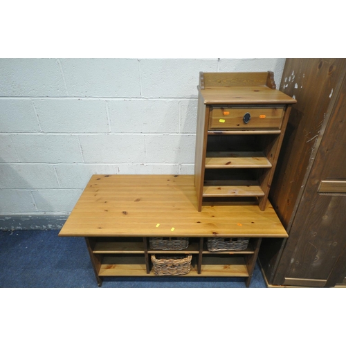 1371 - A PINE TWO DOOR CUPBOARD, width 80cm x depth 52cm x height 160cm, a pine coffee table with three wic... 