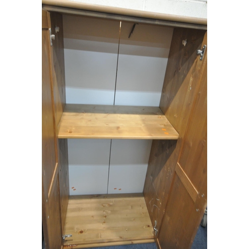 1371 - A PINE TWO DOOR CUPBOARD, width 80cm x depth 52cm x height 160cm, a pine coffee table with three wic... 