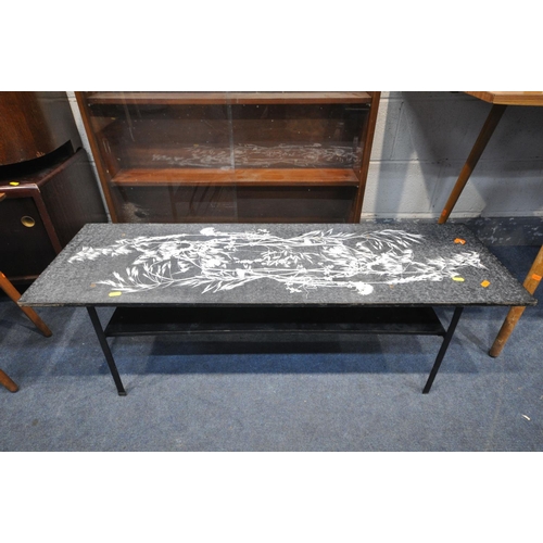 1392 - A JOHN PIPER FOR CONRAN COFFEE TABLE, with floral design on a back field, length 115cm x depth 38cm ... 