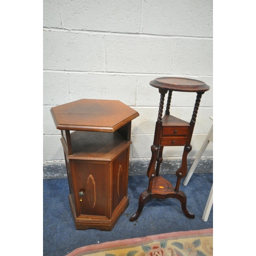 1393 - A MAHOGANY WIG STAND, with two drawers, height 86cm, a hexagonal side cabinet, a painted torcher, an... 