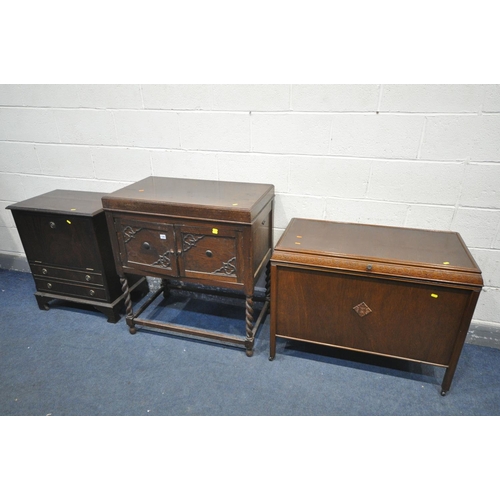 1395 - AN OAK BLANKET CHEST, width 94cm x depth 49cm x height 72cm, an oak gramophone cabinet (no gramophon... 