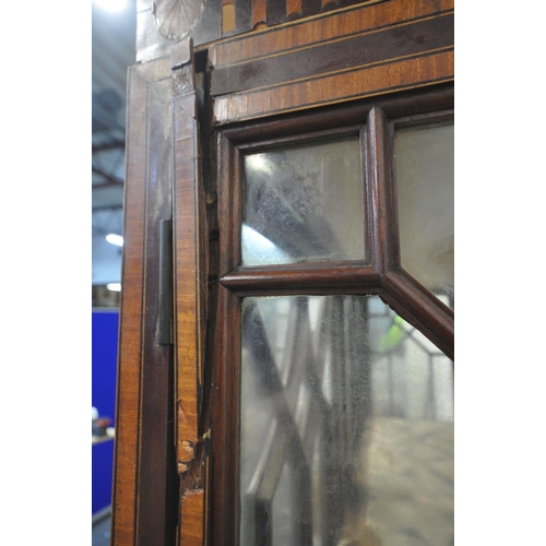 1397 - AN EDWARDIAN MAHOGANY AND MARQUETRY INLAID ASTRAGAL GLAZED TWO DOOR BOOKCASE, with a swan neck pedim... 