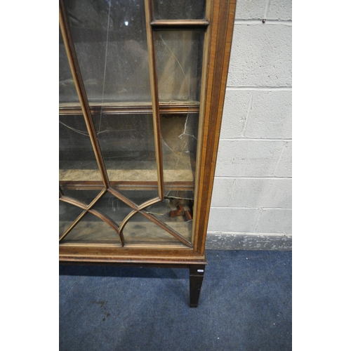 1397 - AN EDWARDIAN MAHOGANY AND MARQUETRY INLAID ASTRAGAL GLAZED TWO DOOR BOOKCASE, with a swan neck pedim... 